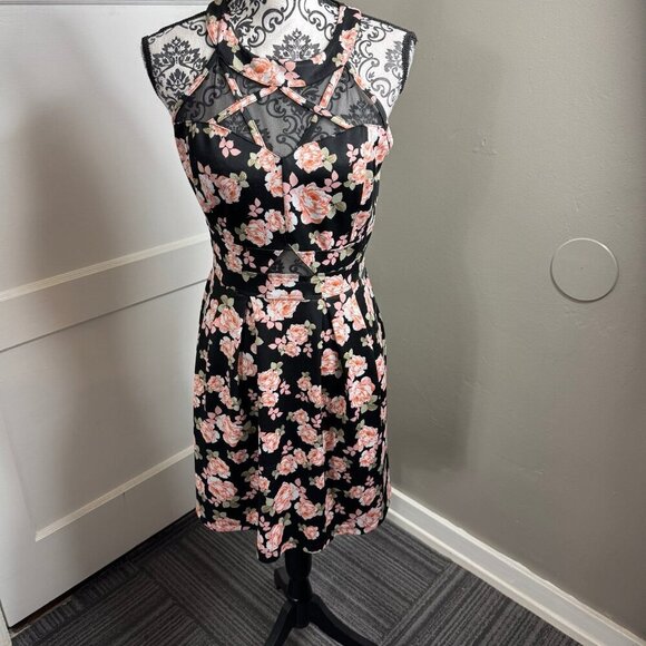 Sweet Storm black and pink floral mesh cut out high neck mini dress. - Picture 1 of 9